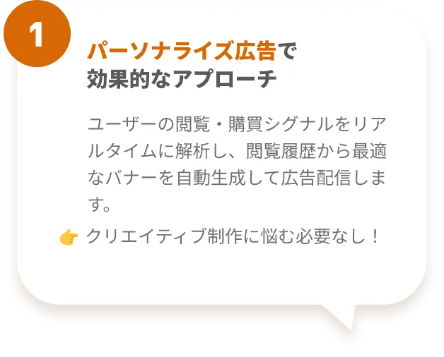 特徴1、パーソナライズ広告
ユーザーの閲覧・購買シグナルをリアルタイムで分析し、商品フィードから最適なバナーを自動生成・配信。
👉 もうクリエイティブ制作に悩む必要はありません。