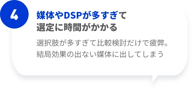 媒体やDSPが多すぎて選定に時間がかかる。選択肢が多すぎて比較検討だけで疲弊。結局効果の出ない媒体に出してしまう