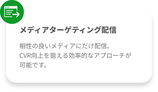 メディアターゲティング配信相性の良いメディアにだけ配信。
CVR向上を狙える効率的なアプローチが可能です。