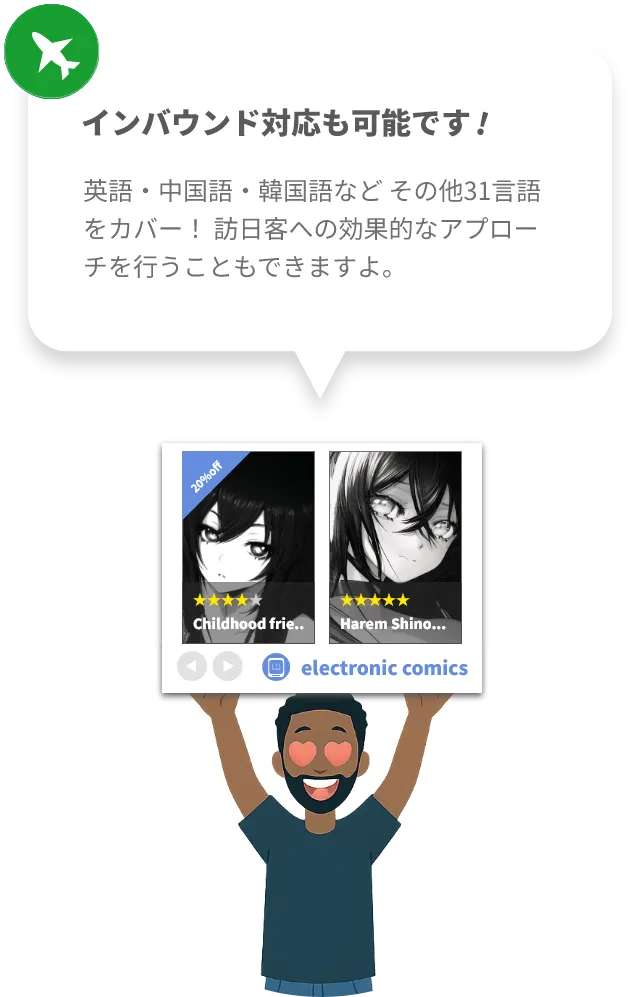インバウンド対応も可能です
英語・中国語・韓国語など その他31言語をカバー！ 訪日客への効果的なアプローチを行うこともできますよ。
