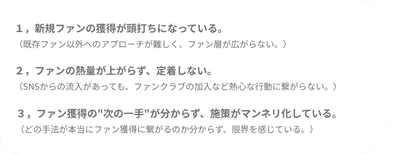 １，新規ファンの獲得が頭打ちになっている。
（既存ファン以外へのアプローチが難しく、ファン層が広がらない。）
２，ファンの熱量が上がらず、定着しない。
（SNSからの流入があっても、ファンクラブの加入など熱心な行動に繋がらない。）
３，ファン獲得の次の一手が分からず、施策がマンネリ化している。
（どの手法が本当にファン獲得に繋がるのか分からず、限界を感じている。）