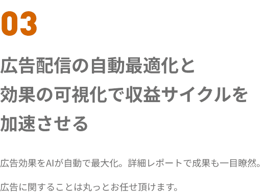 03 広告配信の自動最適化と
効果の可視化で収益サイクルを
加速させる 広告効果をAIが自動で最大化。詳細レポートで成果も一目瞭然。
広告に関することは丸っとお任せ頂けます。