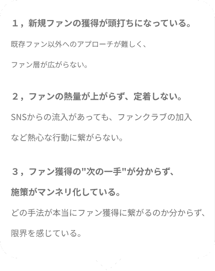 １，新規ファンの獲得が頭打ちになっている。
（既存ファン以外へのアプローチが難しく、ファン層が広がらない。）
２，ファンの熱量が上がらず、定着しない。
（SNSからの流入があっても、ファンクラブの加入など熱心な行動に繋がらない。）
３，ファン獲得の次の一手が分からず、施策がマンネリ化している。
（どの手法が本当にファン獲得に繋がるのか分からず、限界を感じている。）